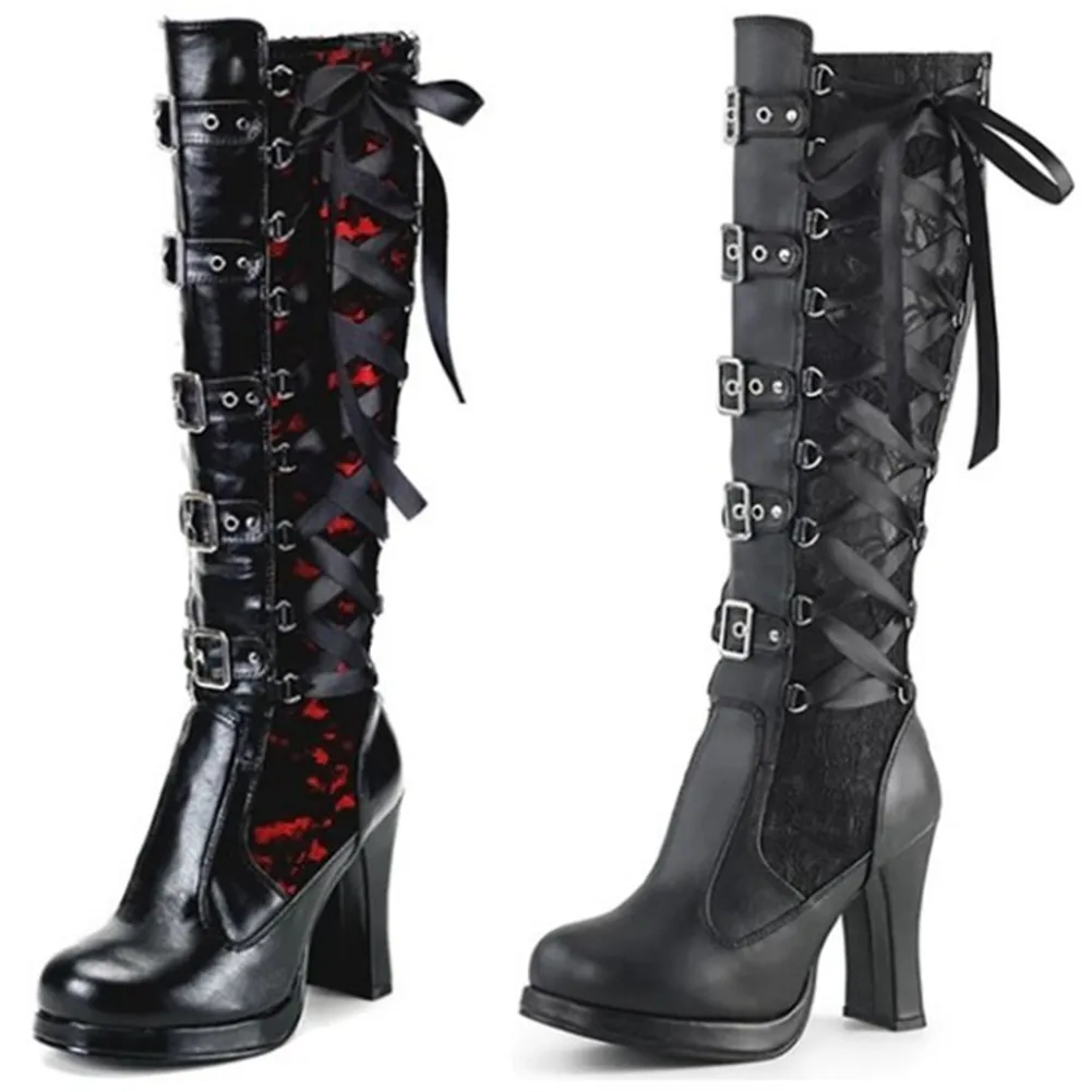 

Dropship 2020 Big Size 43 High Heels Winter Shoes Knee High Boots Women Shoelaces Belt Buckles Riding Boots