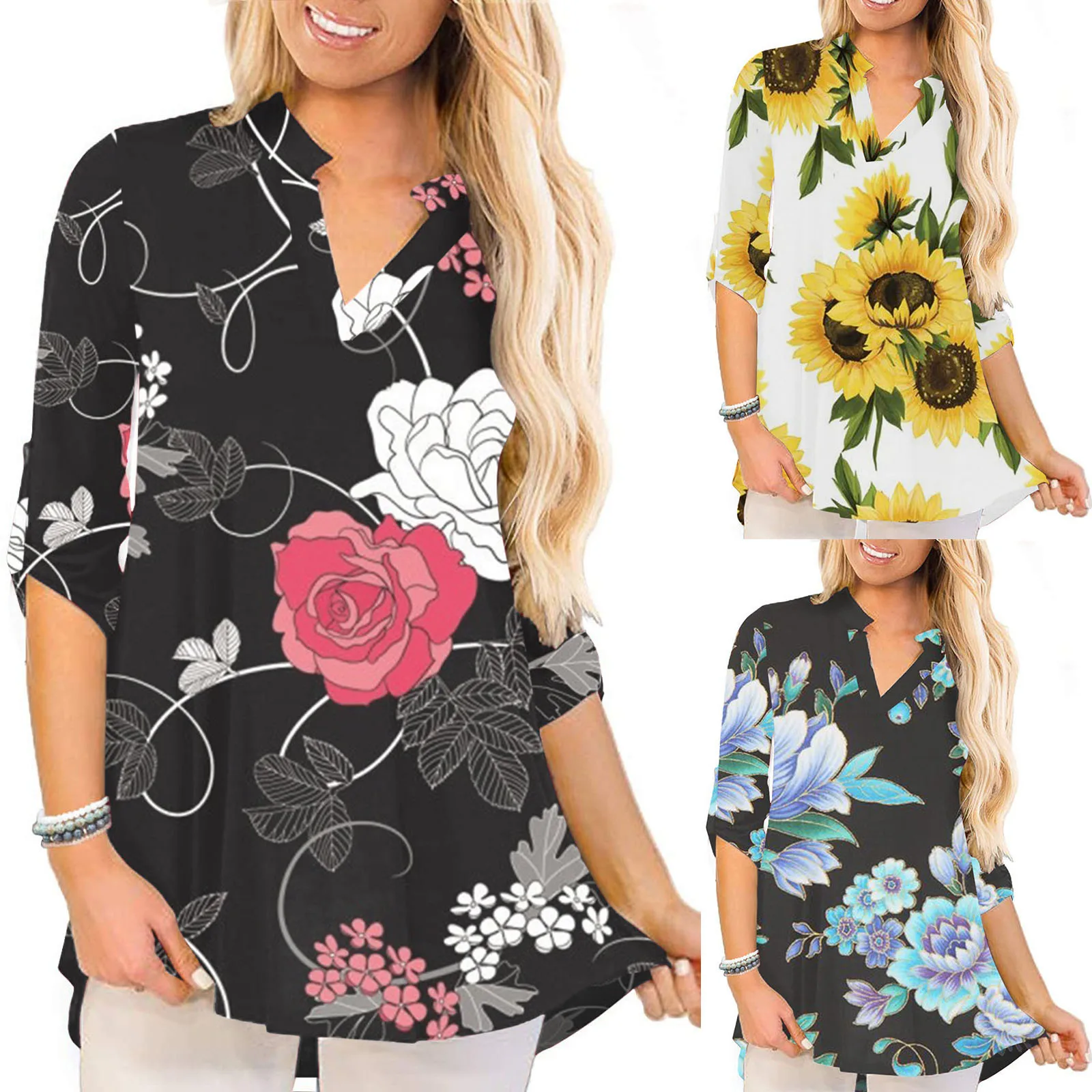 

3/4 Sleeve Women's Shirts 2021 Summer Women V Neck Blouses Tunic Top Plus Size Loose Shirts Tops Women Casual Pullover Tops