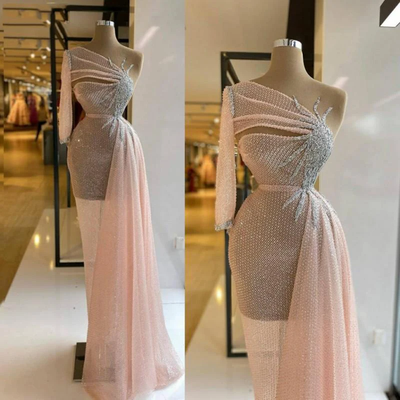 

Sexy Pink One Shoulder See Through Prom Dresses Beaded Long Sleeves Sheath Evening Gowns Floor Length Formal Party Dress