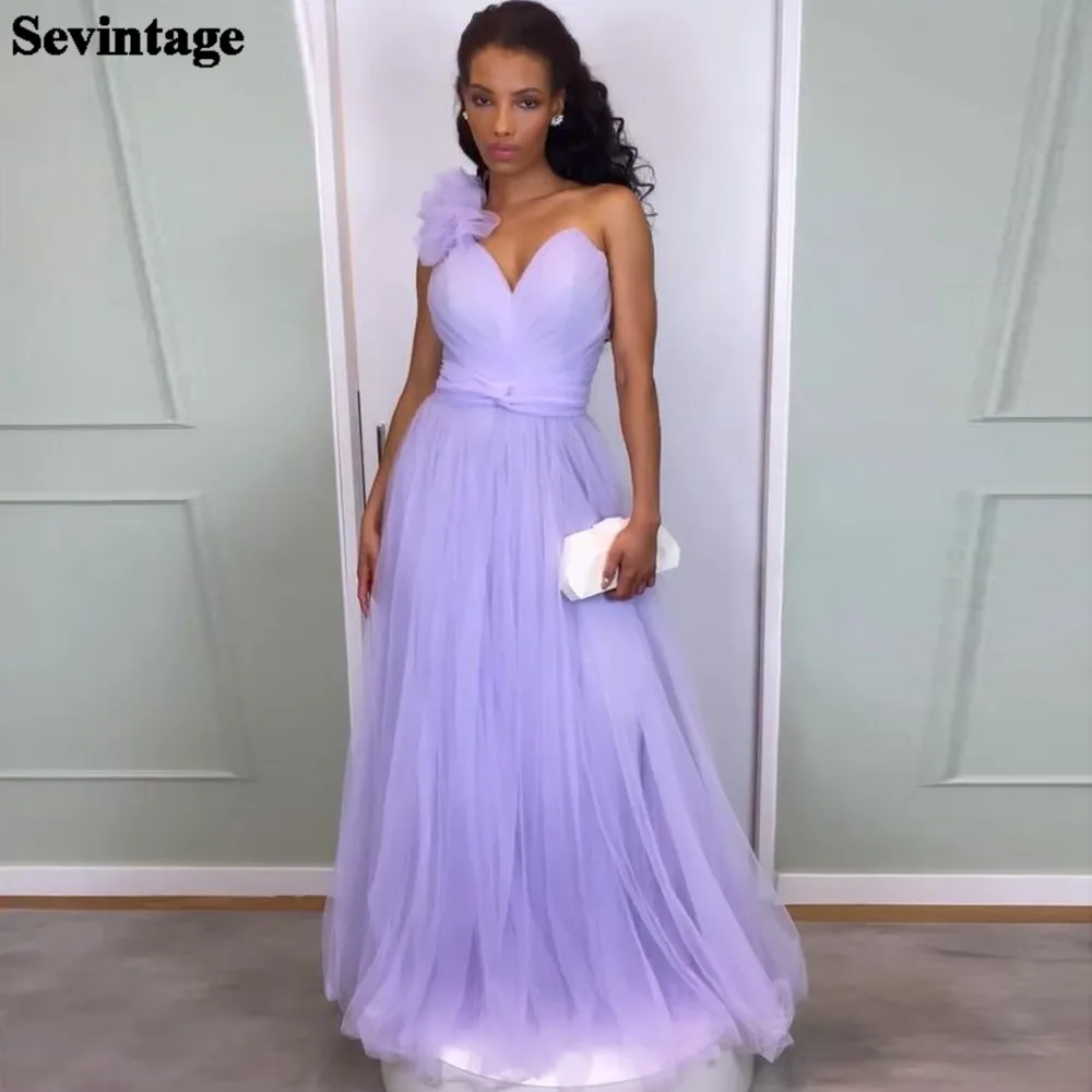 

Sevintage Lavender Tulle Arabic Prom Dresses One Shoulder Ruffles Pleat Evening Party Gowns Formal Dress Abendkleider 2022 Dubai