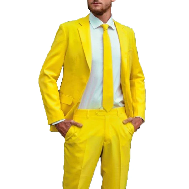 Ярко желтый Свадебный костюм 2020 мужской приталенный смокинг два предмета