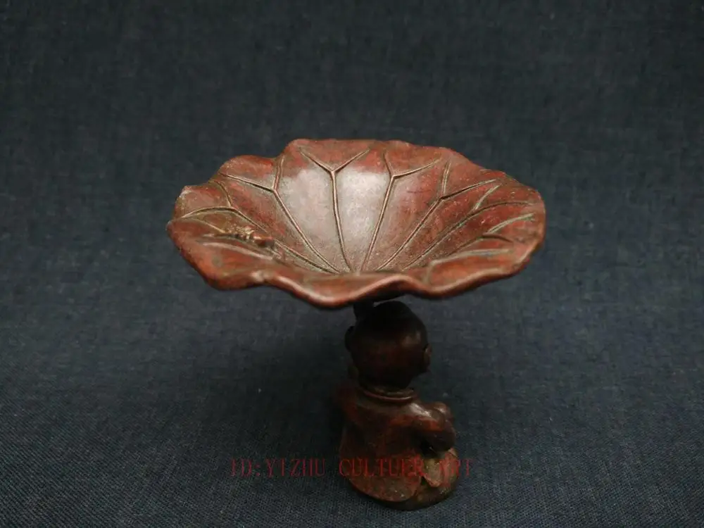 

YIZHU CULTUER ART Collection China Bronze Carving Boy Lotus leaf writing-brush washer Candlestick