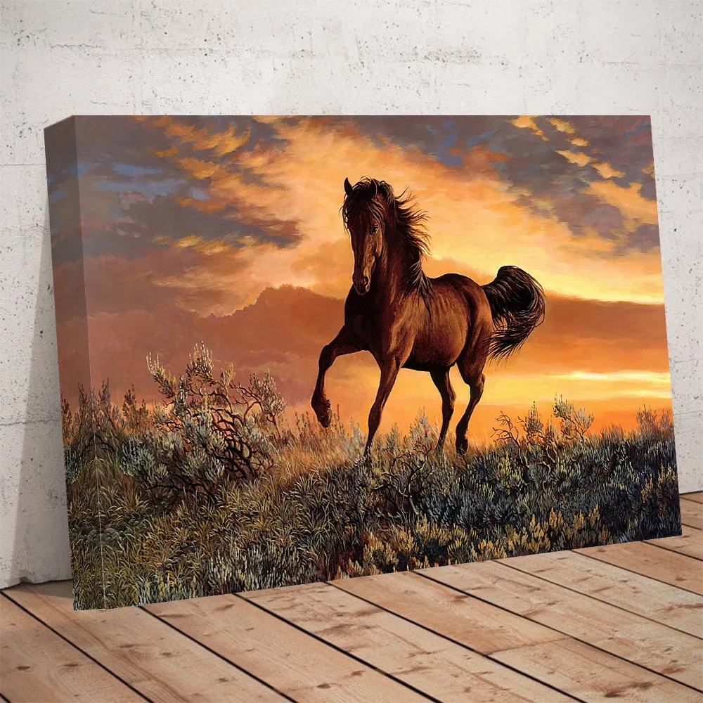 

Large Retro Style Sunset Meadow Horse Animal Art Hand Painting HD Printed Canvas Poster For Home Living Room Wall Decor Picture