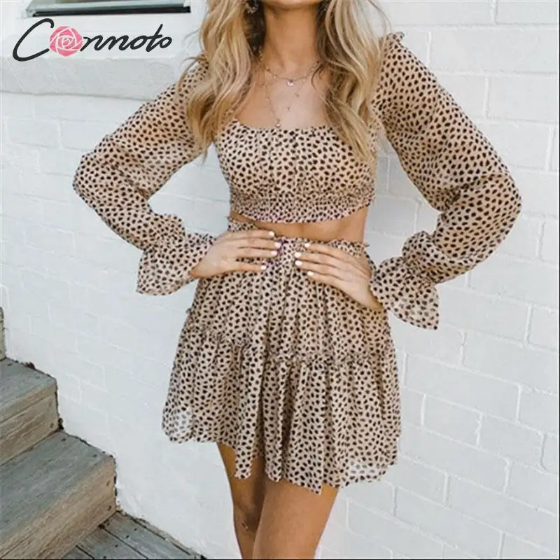 Conmoto Модные леопардовые женские короткие топы и юбка костюм Женский Повседневный
