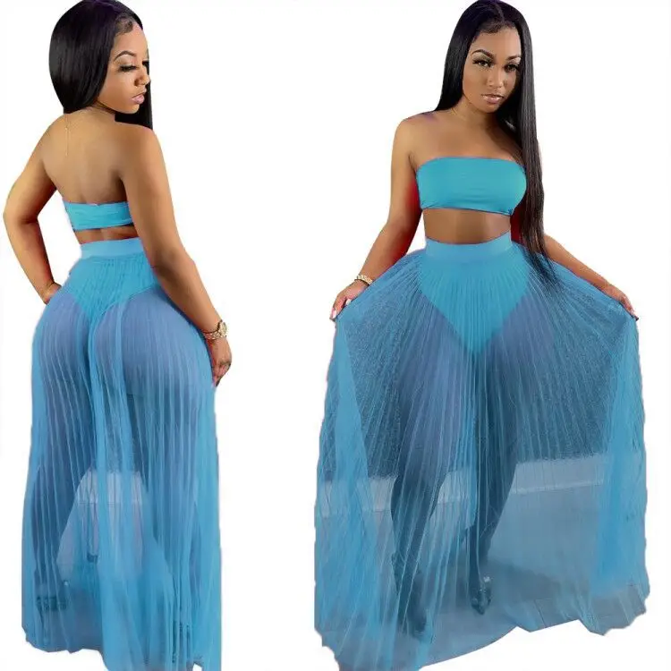 

SSEURAT Women Summer Sets Solid Sleeveless Crop Tops Mesh See-through Drawstring Long Skirts 3 Piece Set Sexy Beach Outftis