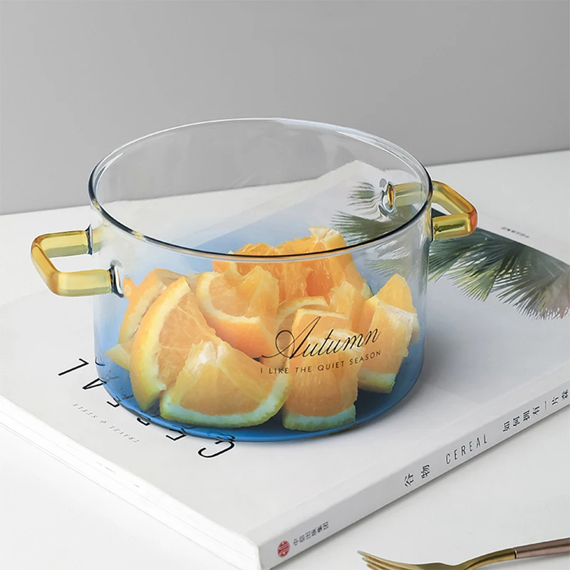 Стеклянная кастрюля RHE градиентного цвета синяя с крышкой термостойкая