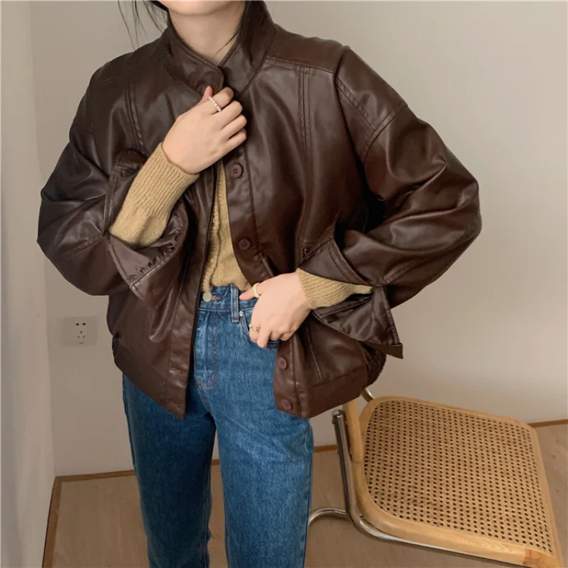 

2021 Autumn Winter Faux Leather Jacket Women Long Sleeve Pocket PU Coats Korean Style Biker Motorcycle Jackets Casual Outerwear