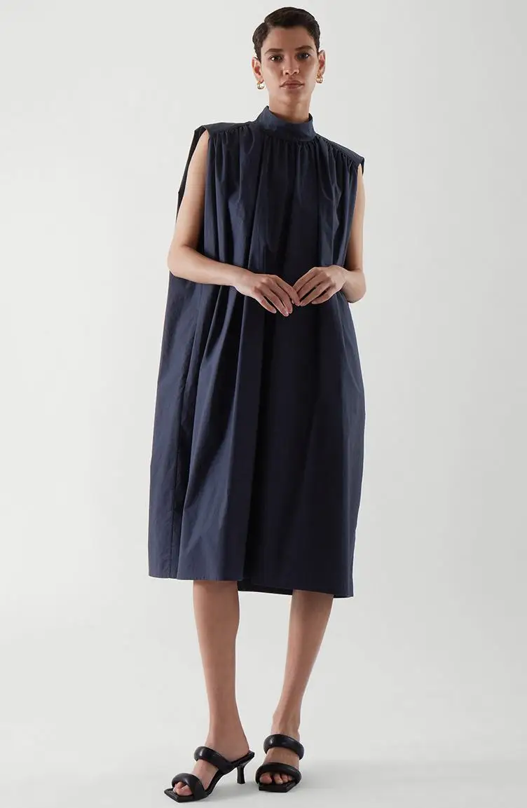 

Women Dress 2021 Fall Stand Collar Pleated Shirt Dress Comfortable Cotton Midi Dress