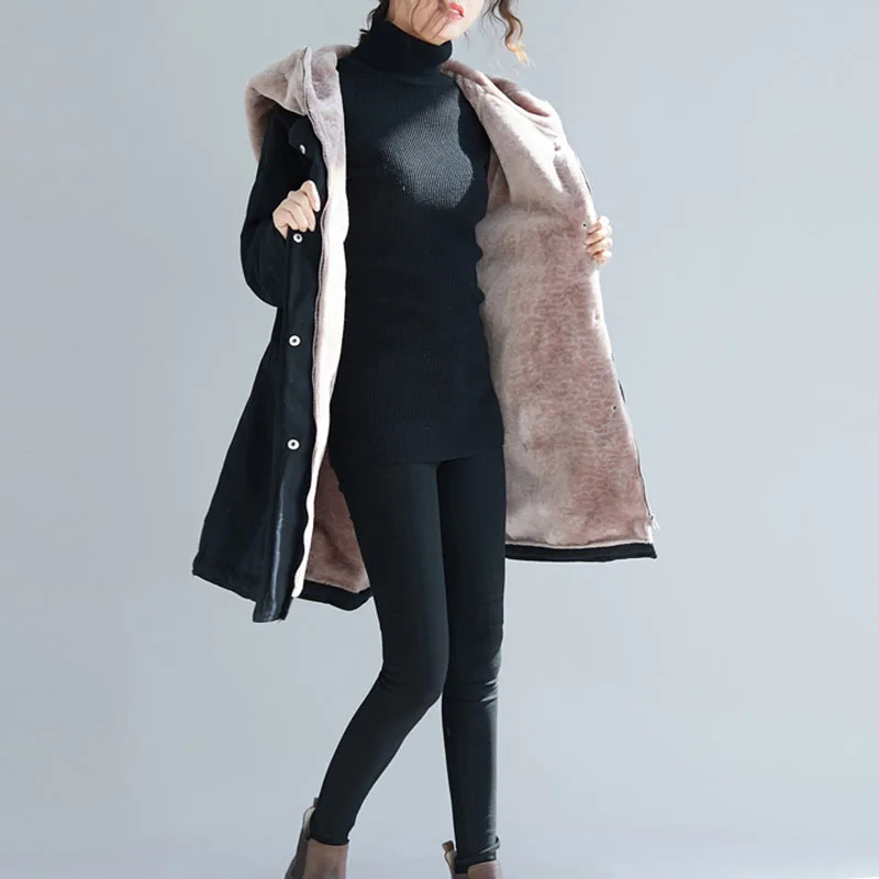 2022 Winter New Plus Velvet Cotton-Padded Jacket Korean Loose Mid-Length Thick Contrast Stitching Hooded Cotton Jacket Women