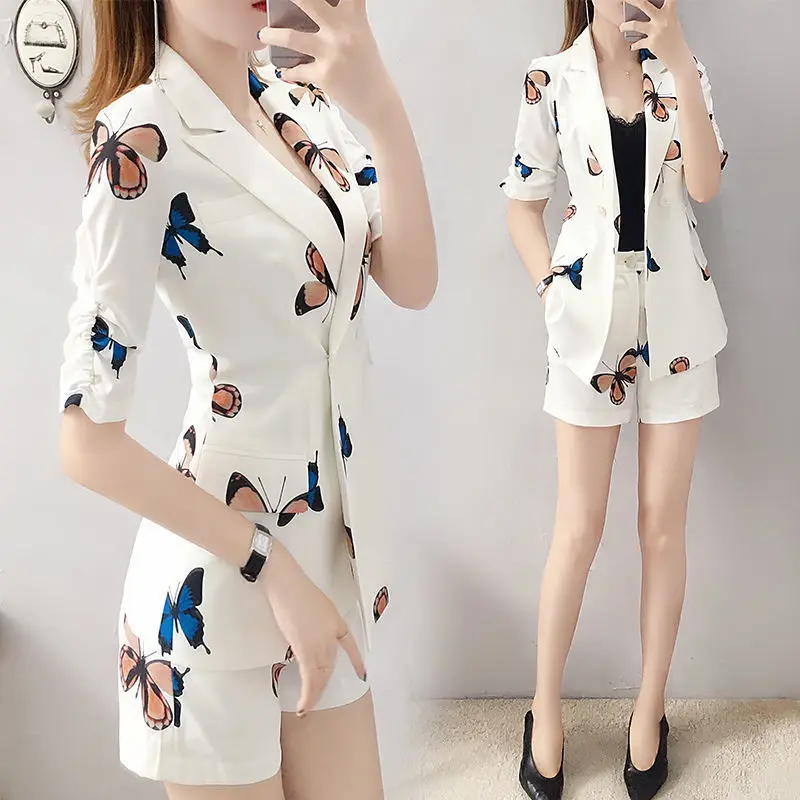 Suit Ensemble Femme 2021 Summer New Elegant Office Lady Butterfly Print Blazer Jacket and Wide-leg shorts Two-piece Sets Female