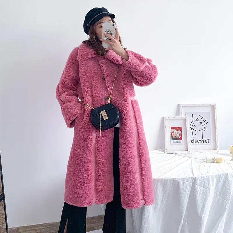 Sheep shearing coat pink women's new cardigan wool composite fur one medium long coat lamb wool fashion versatile fur coat