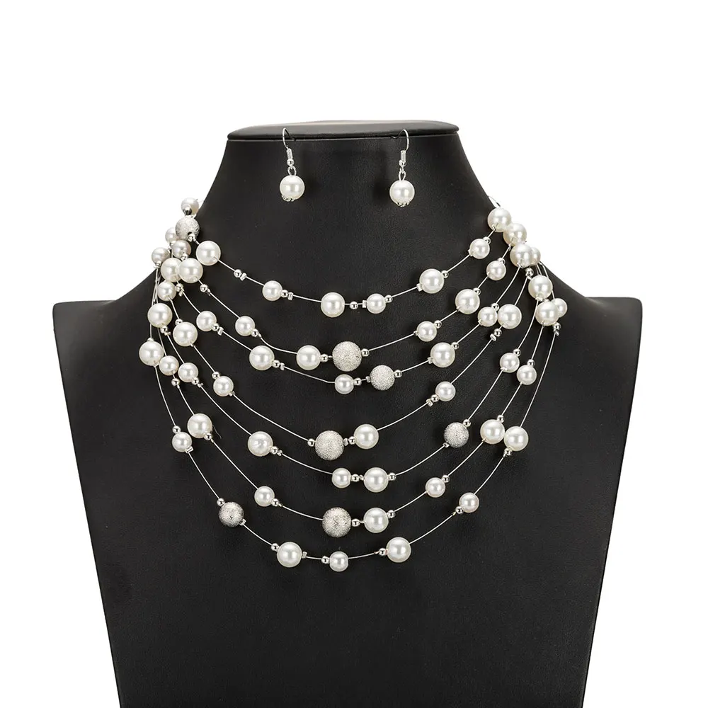 

2021 New Fashion Gold Multi Layer Chains Imitation Pearl Jewelry Sets For Women Party Wedding Bride Necklace Earrings Set