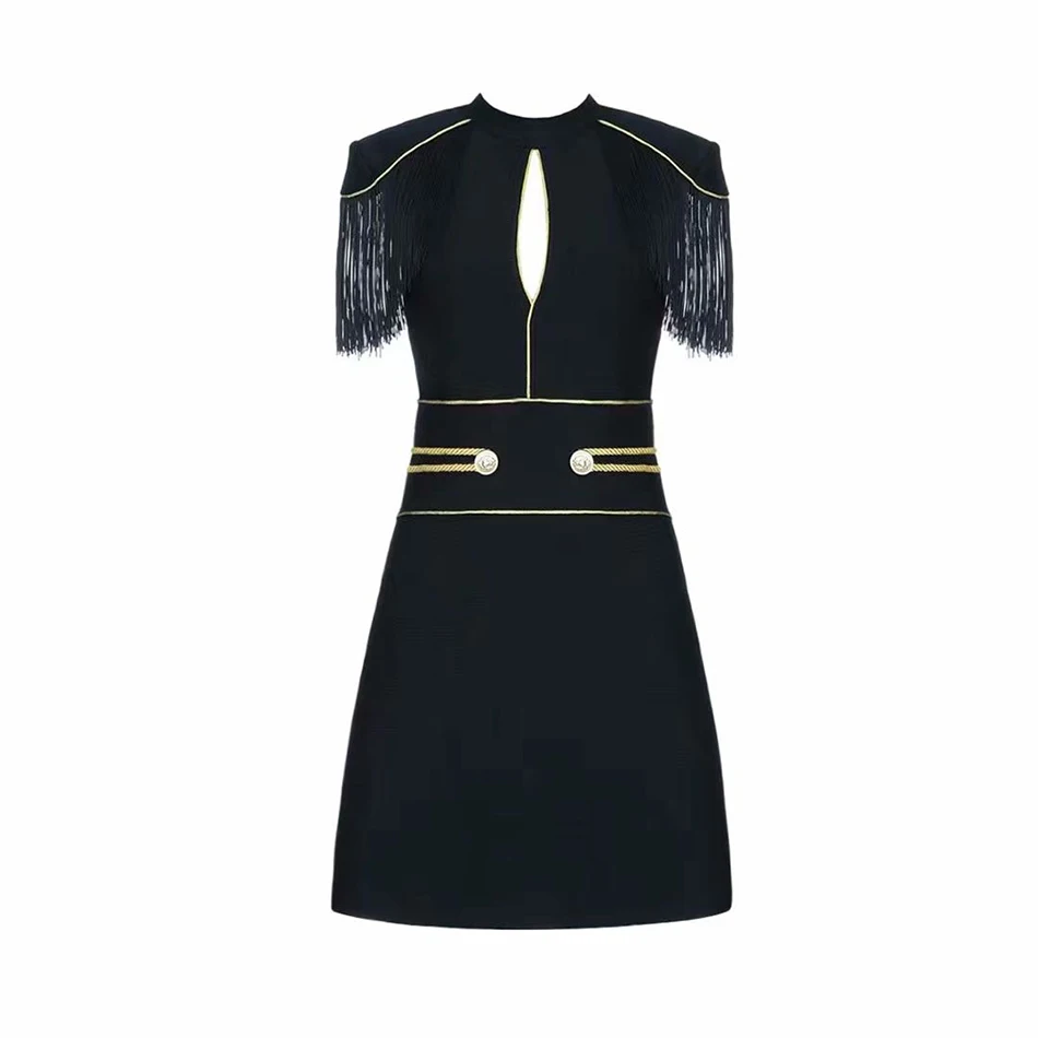 

2020 New Summer Elegant Women Bandage Dress Sexy Black Short Sleeve Tassel Mini Club Celebrity Runway Party Dress Vestidos