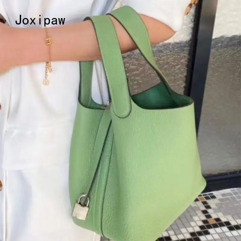 

Genuine Leather Bucket Bag Lychee Layer Suede Leather Simple Handbag Classic Shopping Bag