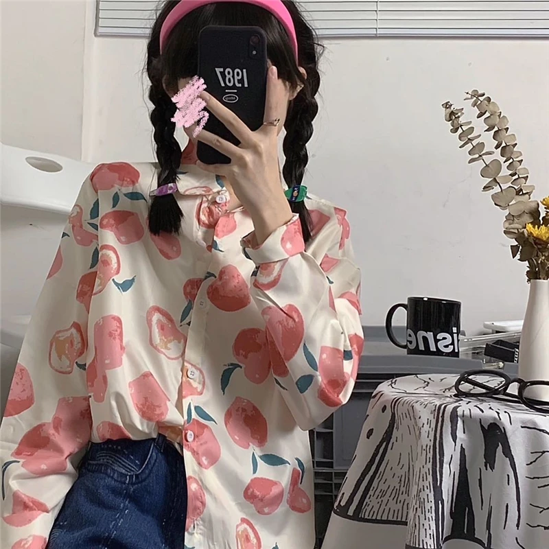 

New autumn temperament thin casual long-sleeved peach print loose shirt women