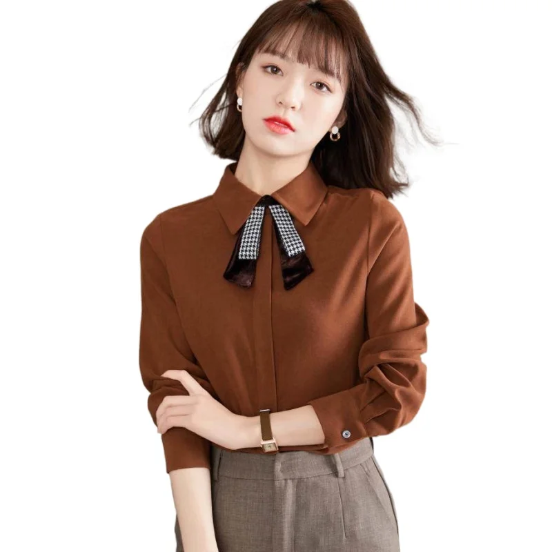 

Simgent Blouses Femme Women Autumn Long Sleeve Bow Turn Down Collar Solid Elegant Office Shirts Top Mujer Blusas SG17195
