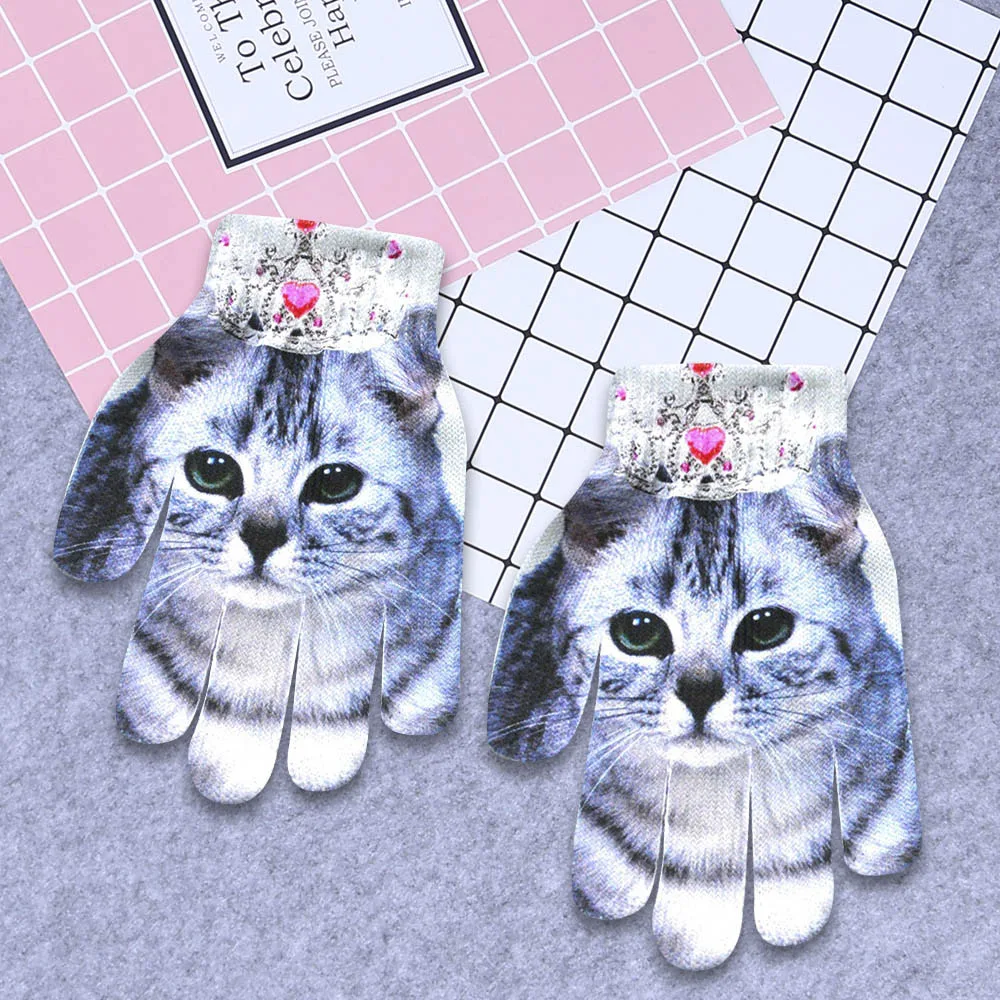 Детские зимние теплые вязаные перчатки унисекс с 3D изображением кота и животных