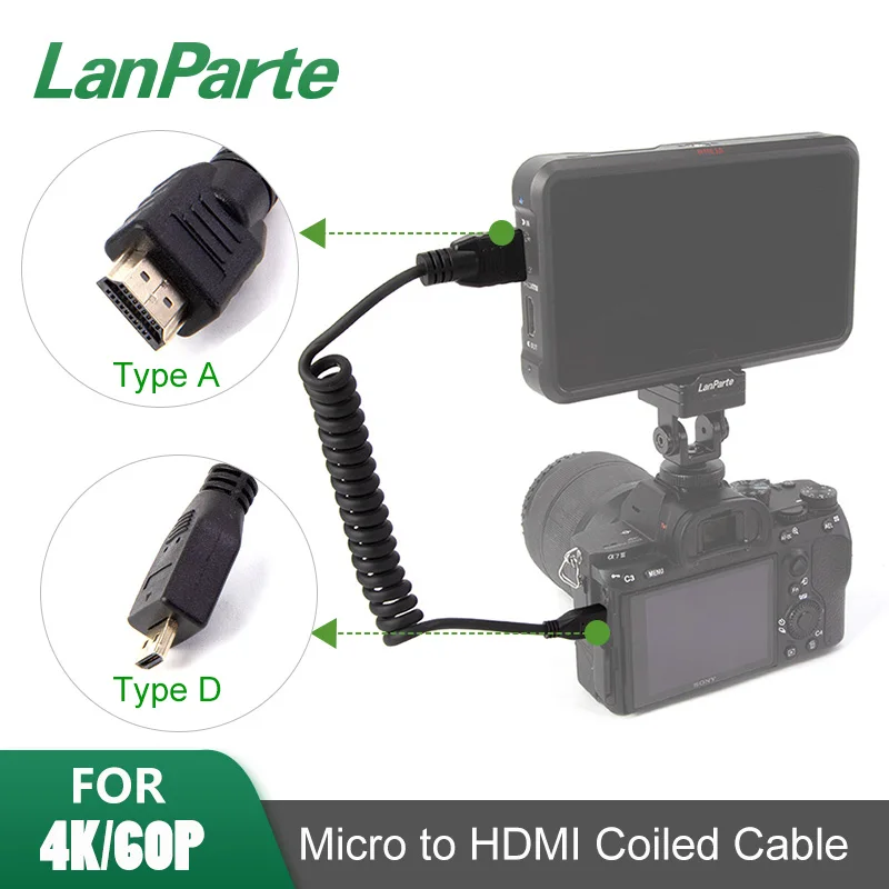 Lanpart4k 60P 10 бит Спиральный Micro to Standard HDMI совместим с SONY A7R4 A7M3 A9 (HDMI2.0)|Аксессуары для