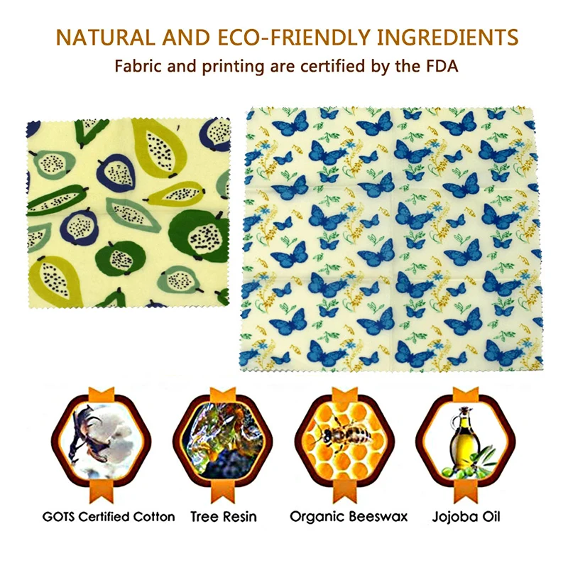 

4Pcs Beeswax Wrap Fresh Cloth Kitchen Storage Products Organic Cotton Food Fresh-Keeping Cloth Beeswax Wrap