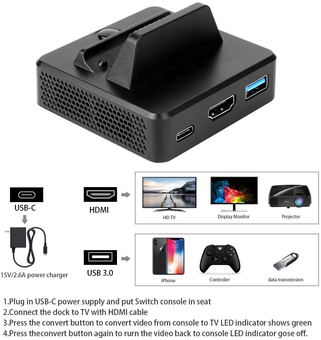 Зарядная док станция для Nintendo Switch с портом USB Type C и поддержкой передачи данных