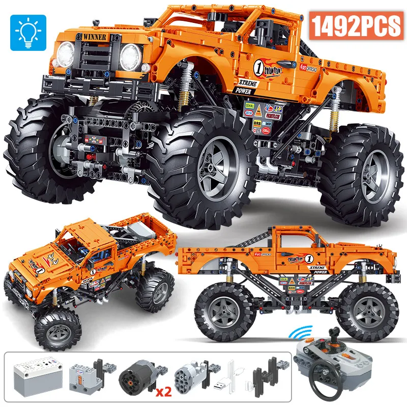 

1492 шт. 1:12 городской технический Радиоуправляемый внедорожный монстр-Трак автомобиль строительные блоки с дистанционным управлением MOC авт...
