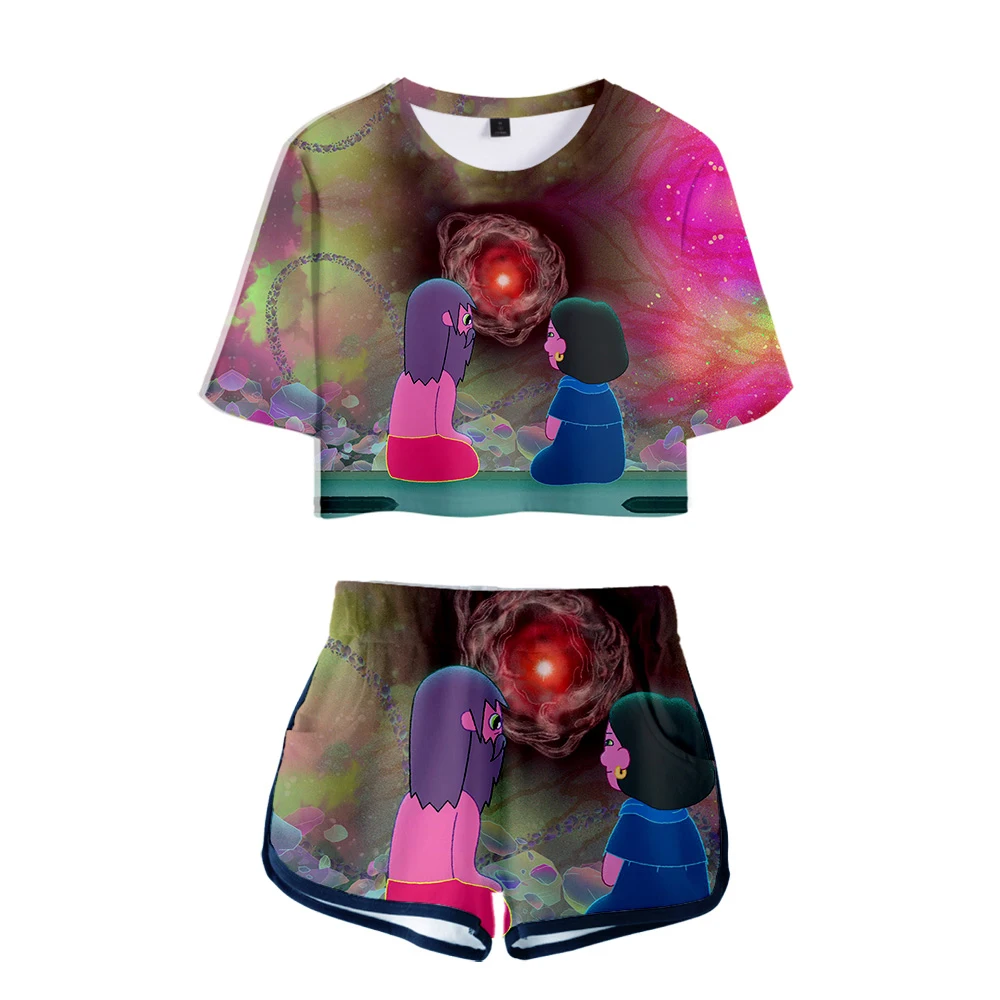 

Fashion Creative The Midnight Gospel 3D Print Two Piece Set Women Sexy Shorts+lovely T-shirt Cute Dew navel Sport Girl suits