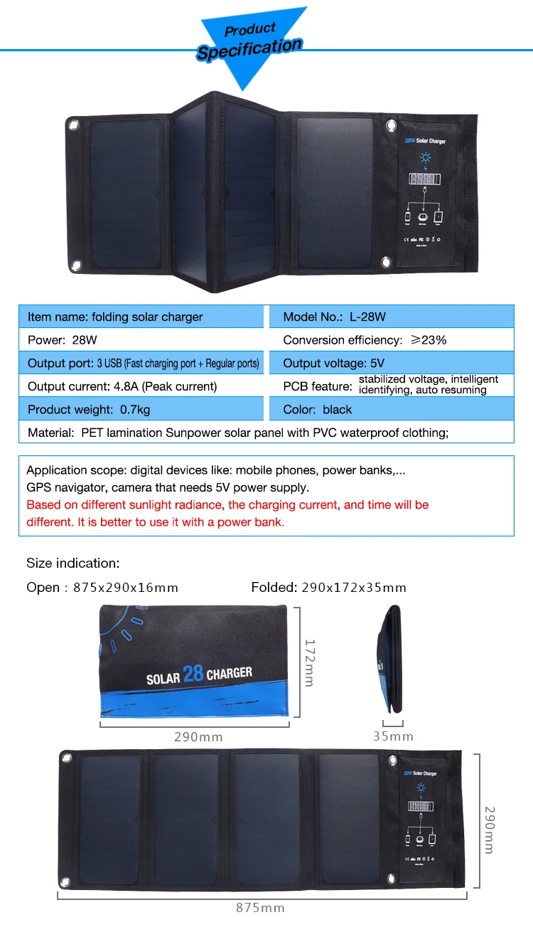 Xionel 3 usb порта 28 Вт 5 В Складной Водонепроницаемый Открытый Быстрая зарядка солнечное зарядное устройство с Солнечная энергия солнечная панель