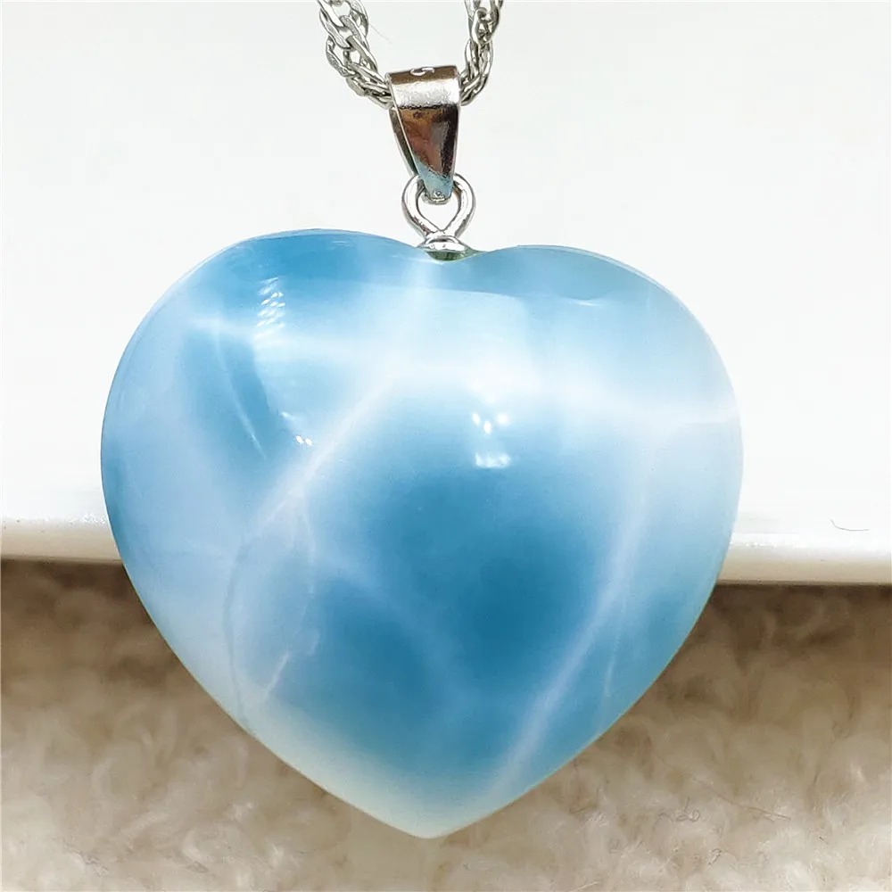 

Top Natural Blue Larimar Heart Pendant Women 23x22x9mm Water Pattern Crystal Love Necklace From Dominia AAAAA