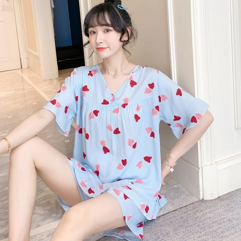 

Пижама из поплина с коротким рукавом женская летняя тонкая верхняя одежда хлопковая шелковая Домашняя одежда Кондиционер одежда японская ...