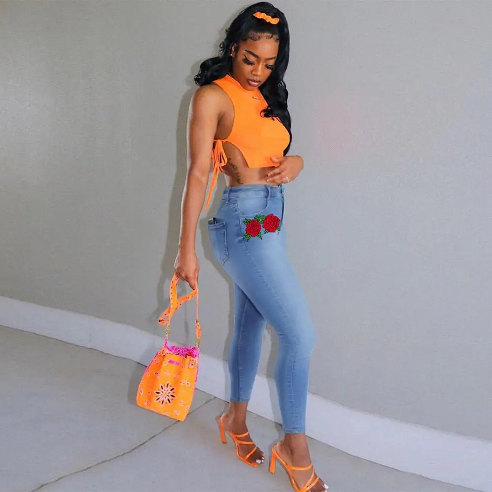 

2020 new Fashion Classic Print Casual Street style solid color women's jeans sexy tight stretch