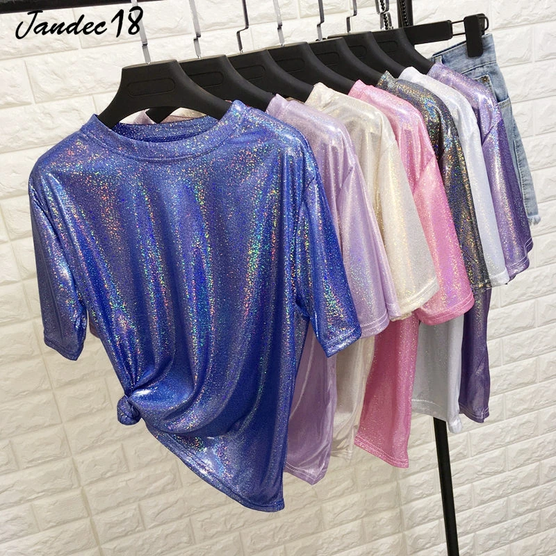 Футболка женская блестящая свободного покроя топ с коротким рукавом для