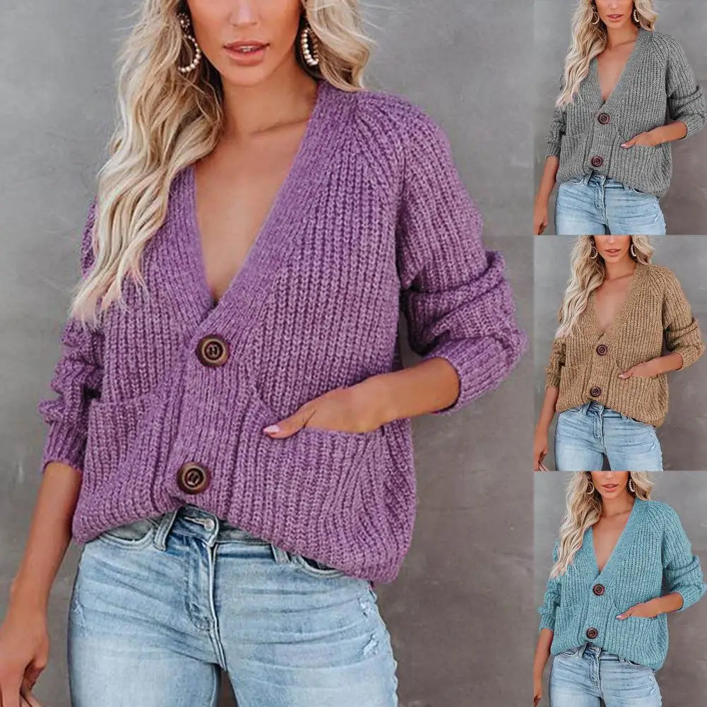 

Lady Sweater Cardigan Solid Color Pockets Long Sleeve V Neck Single-breasted Knitted Sweater for Work Winter Clothes Women