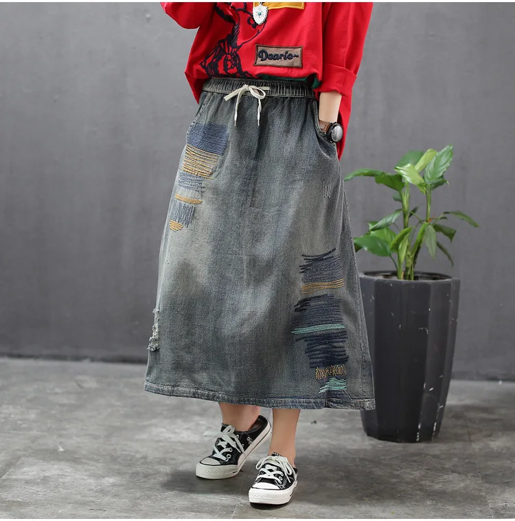 Женская винтажная длинная юбка эластичная Свободная Повседневная джинсовая с