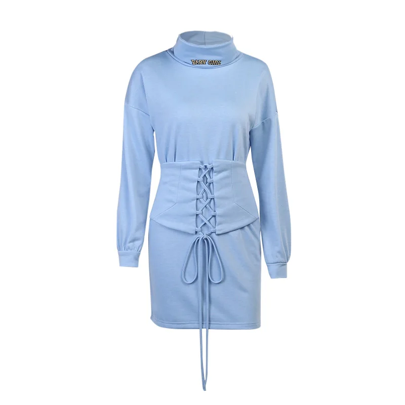 

InstaHot Casual Women Dress Turtleneck Slim Bandage Waist Letter Printed Streetwear Long Sleeve Cotton Mini Dress Autumn 2021