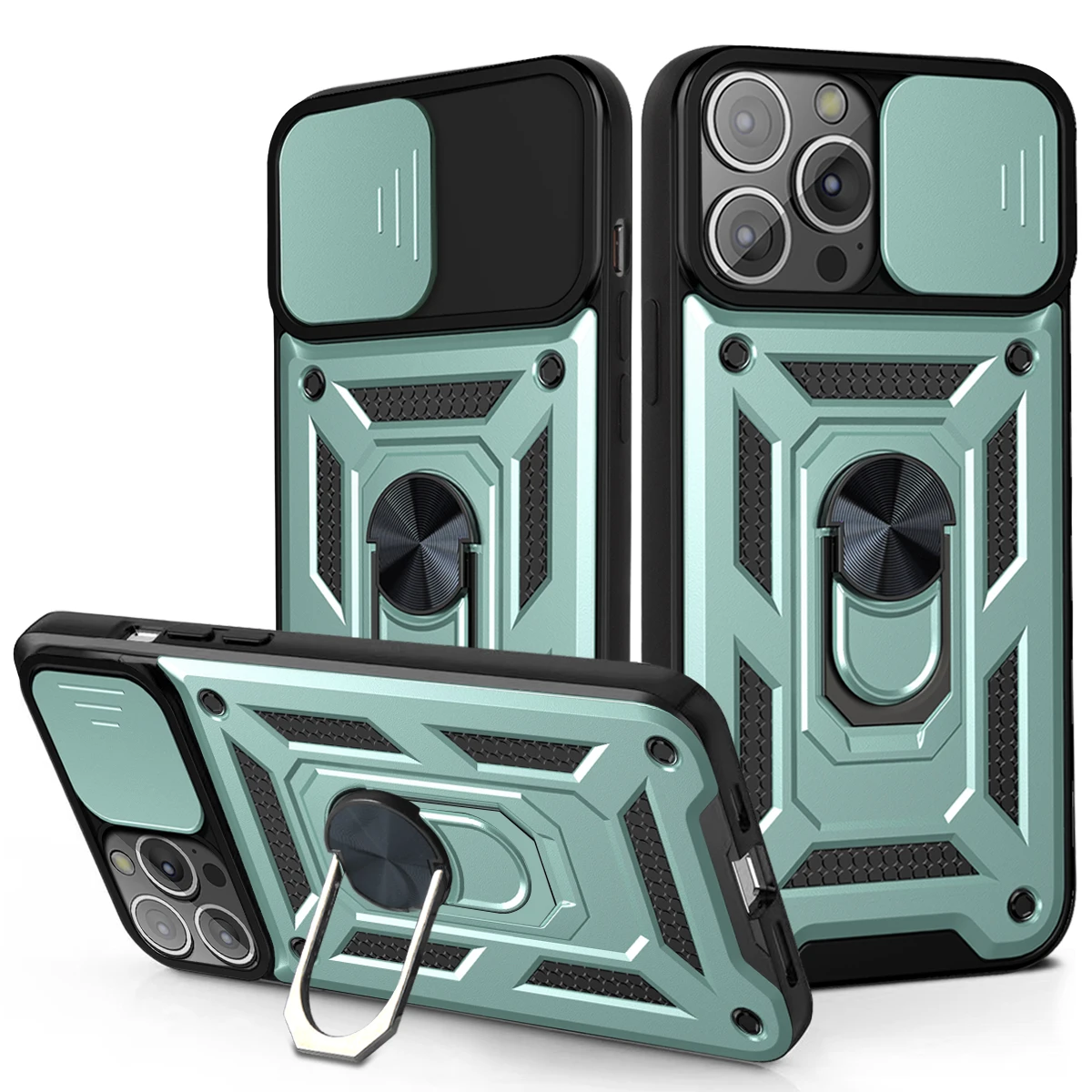 

Case For iPhone 13 Pro 12 Mini 11 XS Max XR X SE 2020 8 7 6Plus Ring Kickstand Slide Lens Protect Circular Magnet Ring TPU Cover