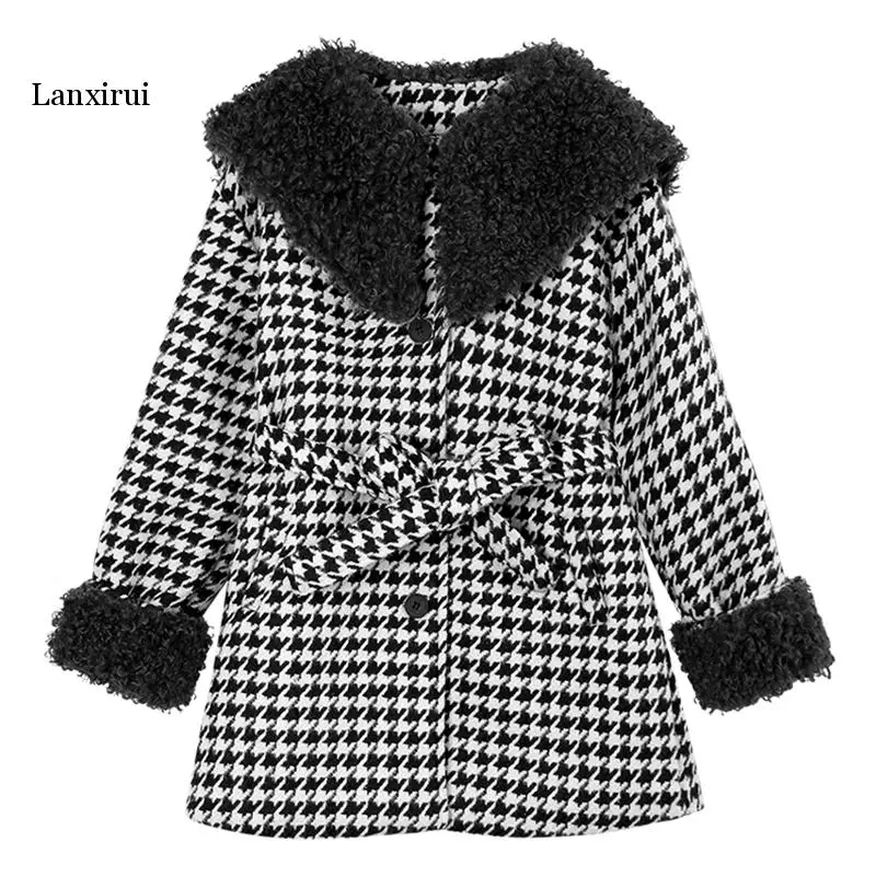 

Women Black Khaki Plaid Faux Woolen Coat Patchwork Lambswool Teddy Button Pocket Sash Houndstooth Coat Winter