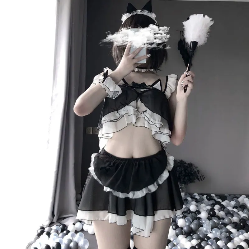 Шифоновая юбка с оборками и топом фартук сексуальный костюм горничной Униформа