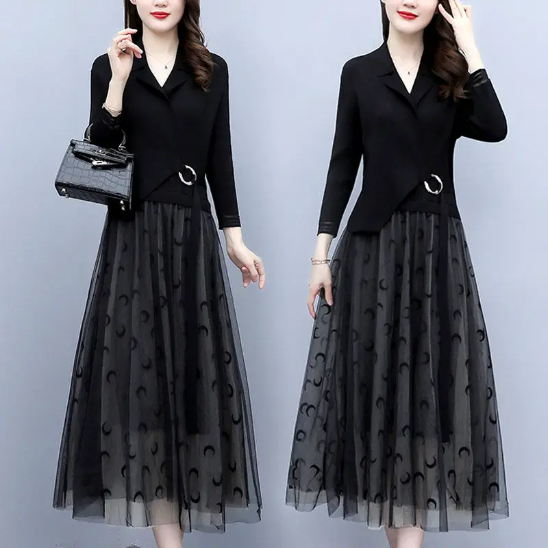 

Noble And Elegant Temperament Dress Autumn Winter 2021 Women's Slim Fit Mesh Stitching Knit Bottoming Long Dress M638