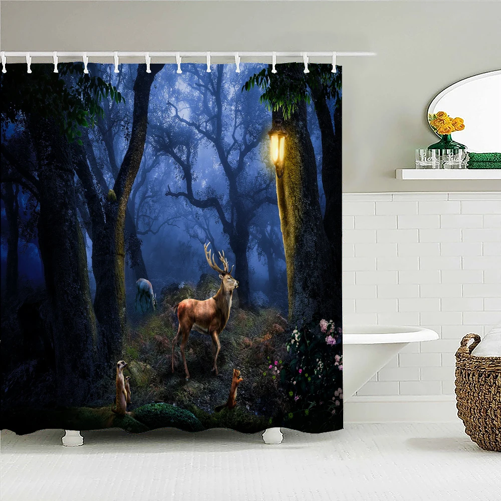 

Cartoon Fantasy Fairy Tale Forest Scenery Printed Fabric Shower Curtains Bath Screen Waterproof Bathroom Decor with 12 Hooks