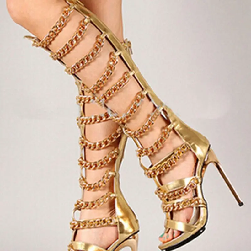 

women boots cut outs gold chain thin heel glaidator zip sandal boots woman fashion newest design open toe knee high sandal boots