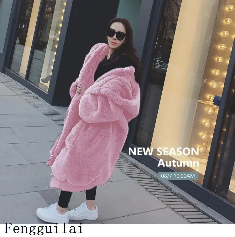 pink Зимнее теплое Женское пальто с капюшоном большого размера средней длины из одноцветного меха и искусственного меха, новинка, повседневное женское меховое пальто с длинным рукавом - Цвет: pink