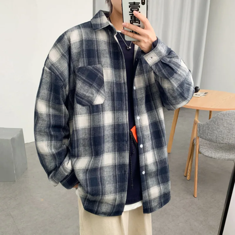 Рубашка мужская повседневная в клетку модная Свободная блузка ретро стиле с