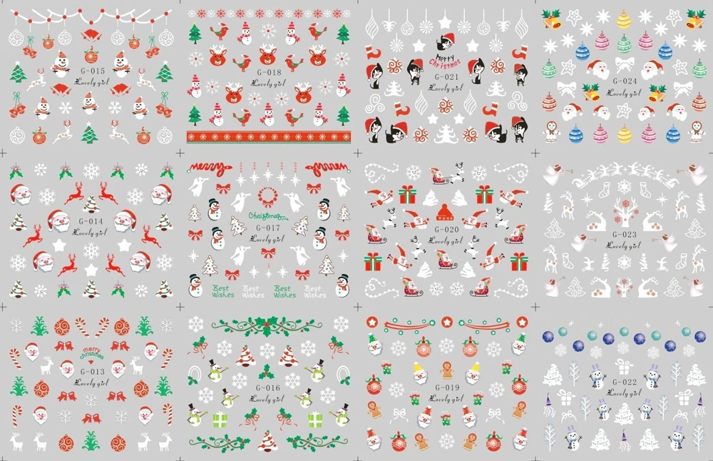 3D наклейки для ногтей с изображением Санта/Клауса/лося/снеговика на Рождество