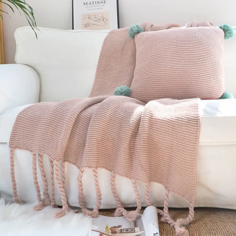 

Sofa Chair 100% Acrylic Solid Knitted Blanket With Tassels Throws