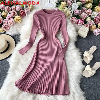 Женское трикотажное платье ALPHALMODA элегантное Плиссированное с длинными рукавами