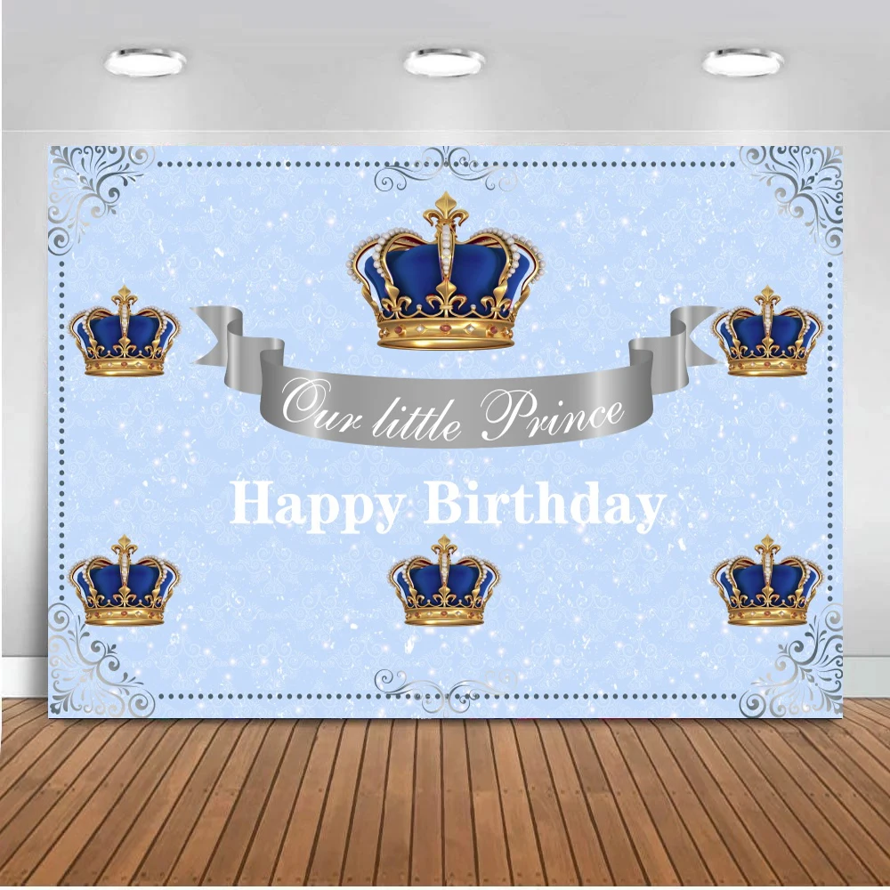

Crown Happy Birthday Photo Background Royal Newborn Baby Party Banner Supplies Props Backdrop Repeat Crown Pattern Blue Studio