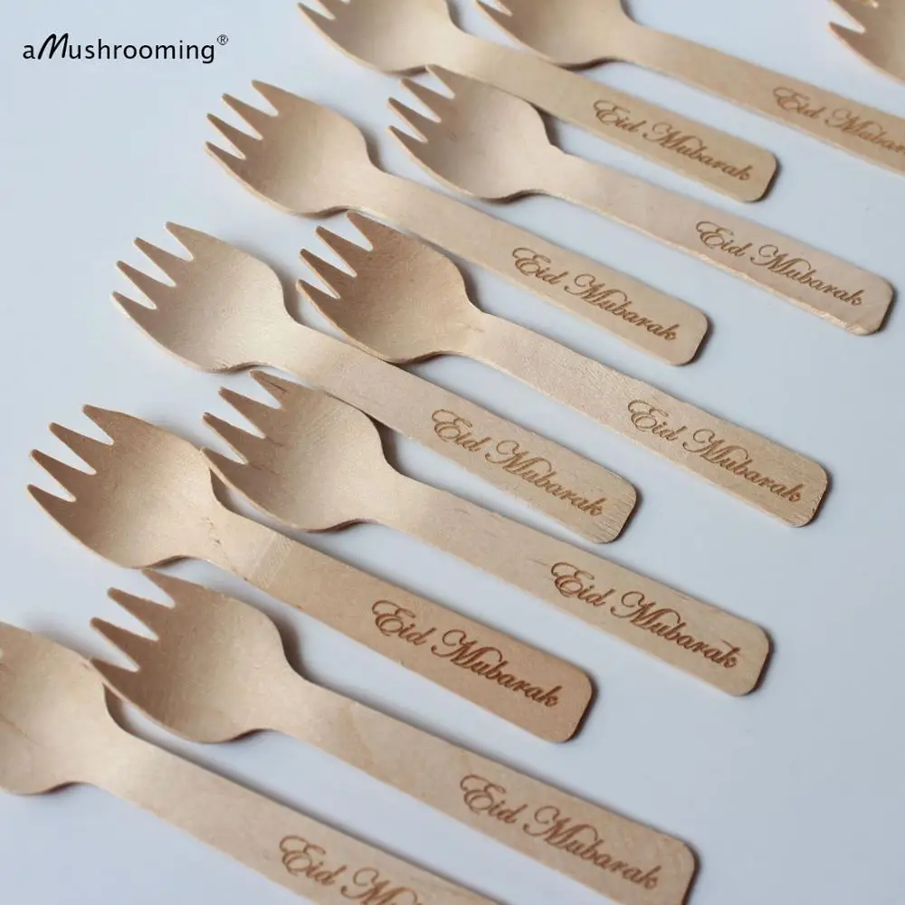 X100 персонализированные маленькие деревянные вилки с гравировкой Eid Mubarak столовая
