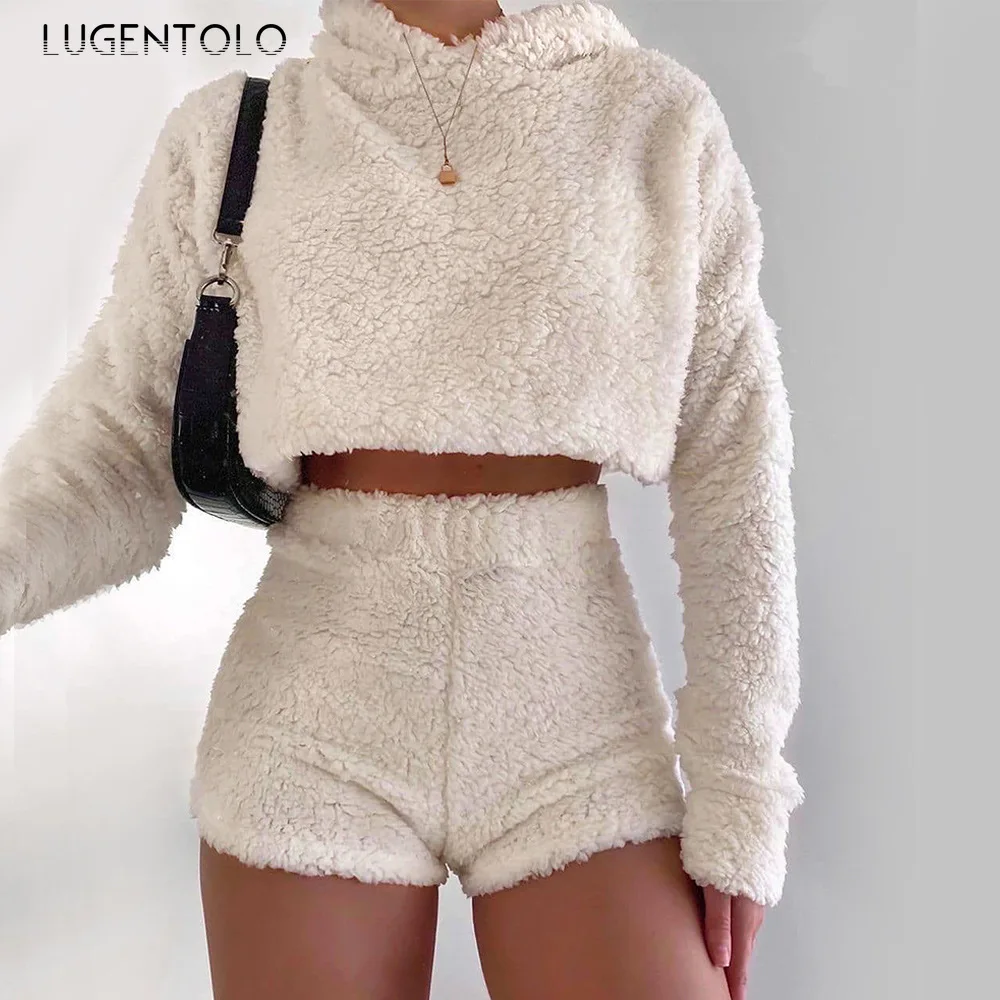 

Lugentolo Autumn Winter Women Two Piece Set Fashion Long Sleeve Solid Hooded Short Tops Plush Straight Shorts Female Casual Sets