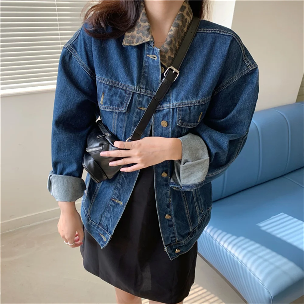 

HziriP BF Leopard Casual Denim Women Jackets New Cowboy Fashion Warm 2021 Autumn Coats All Match Jeanswear Hot New Loose Chic