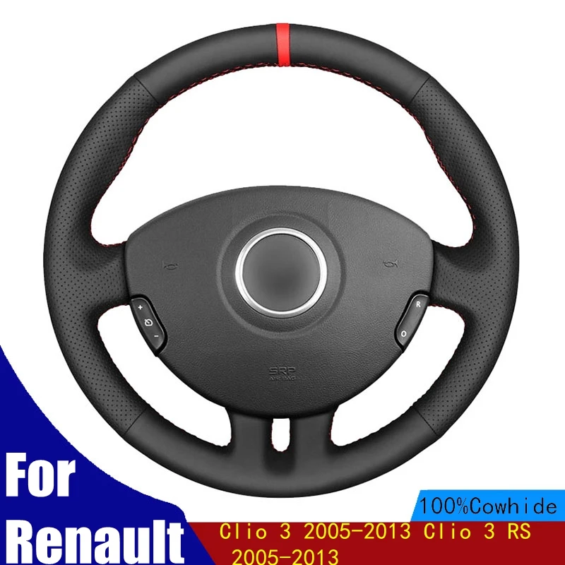 

DIY Car Steering Wheel Cover Black PU Faux Leather Red Marker Hand-stitched For Renault Clio 3 2005-2013 Clio 3 RS 2005-2013